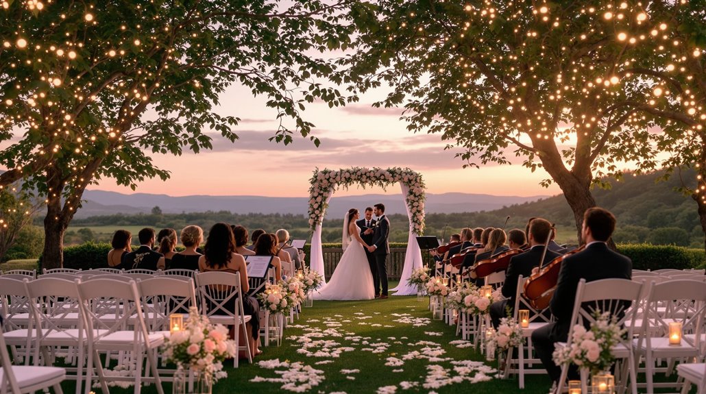 A bride and groom stand under a floral arch during an outdoor wedding ceremony at sunset, surrounded by guests on white chairs with flowers and twinkling lights, as personalized wedding music sets the perfect romantic mood.