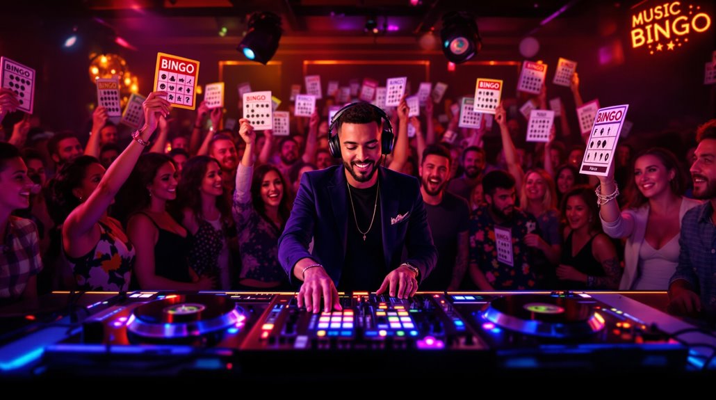 A DJ is hosting on a colorful, illuminated stage while a lively crowd holds up bingo cards in a packed nightclub decorated with a Music Bingo sign. Everyone appears energetic and excited.