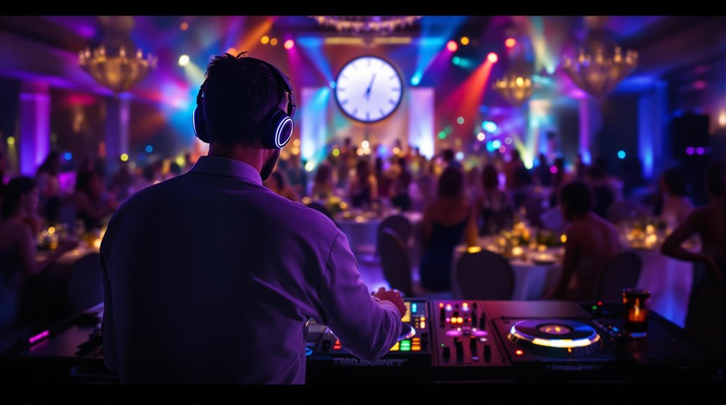 A wedding DJ in headphones mixes music at a lively party with colorful lights, a crowded dance floor, and a large clock on the wall. Guests sit at decorated tables, enjoying the festive atmosphere and professional DJ services.