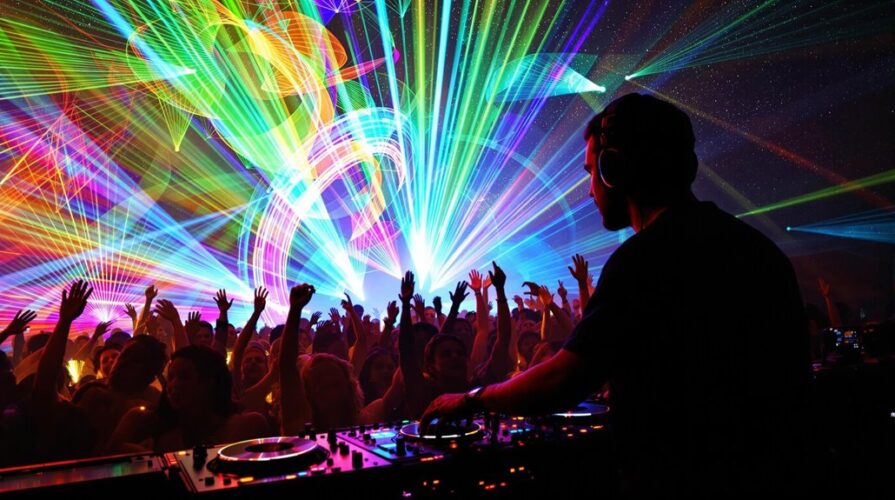 A DJ delivers an electrifying DJ experience on stage for a crowd with their hands raised, surrounded by vivid laser lights and patterns that illuminate the dark, energetic nightclub atmosphere.
