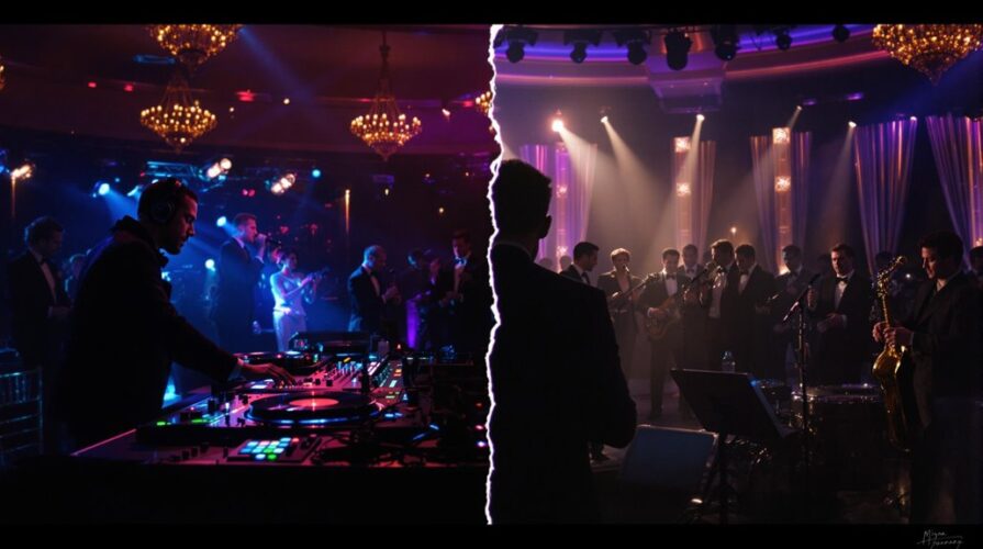 A split image shows a wedding DJ energizing a crowd in a vibrant club on the left, while a live band in tuxedos plays under warm stage lights on the right—both scenes capture an elegant, festive atmosphere.