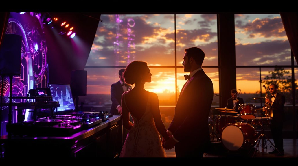 A couple in formal wear hold hands and look at each other by a DJ booth at their wedding, with a live band playing nearby as the sun sets outside large windows, casting a warm glow over the elegant party scene.