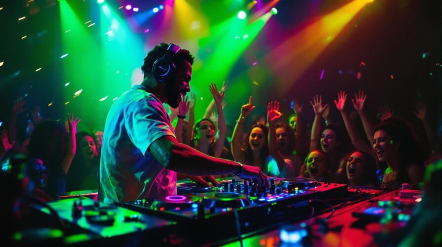 A DJ wearing headphones mixes music at a colorful, vibrant nightclub with flashing lights, while engaged party guests dance and cheer with raised hands in the background.