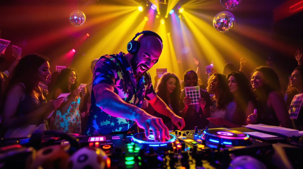A lively nightclub scene with a DJ in headphones mixing music on a console. Colorful lights and disco balls fill the room as a cheerful crowd enjoys an engaging event of music bingo in the energetic atmosphere.