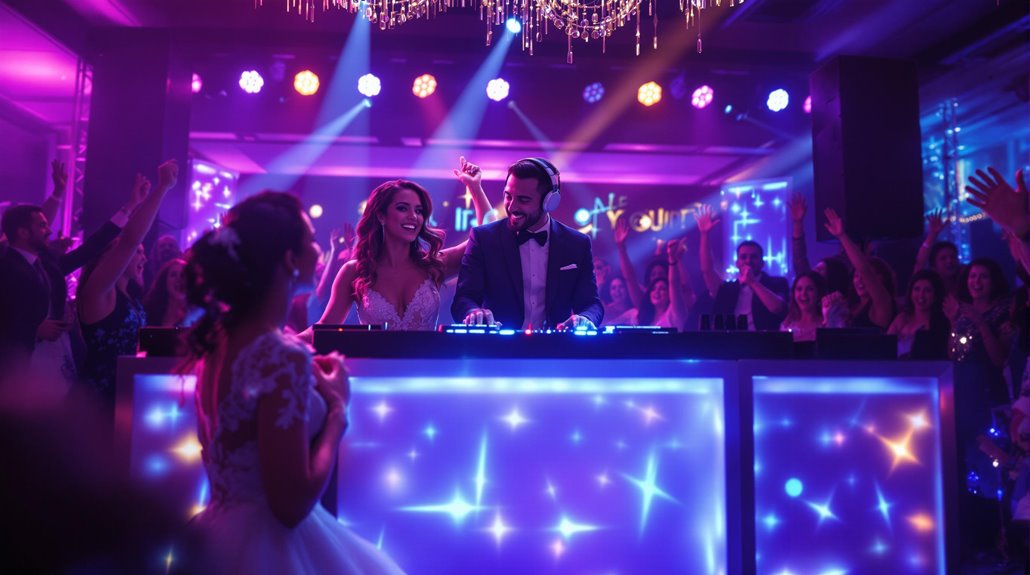 A bride and groom DJ together at their wedding reception, smiling behind a glowing wedding DJ booth as guests dance and celebrate under vibrant lights and a sparkling chandelier.