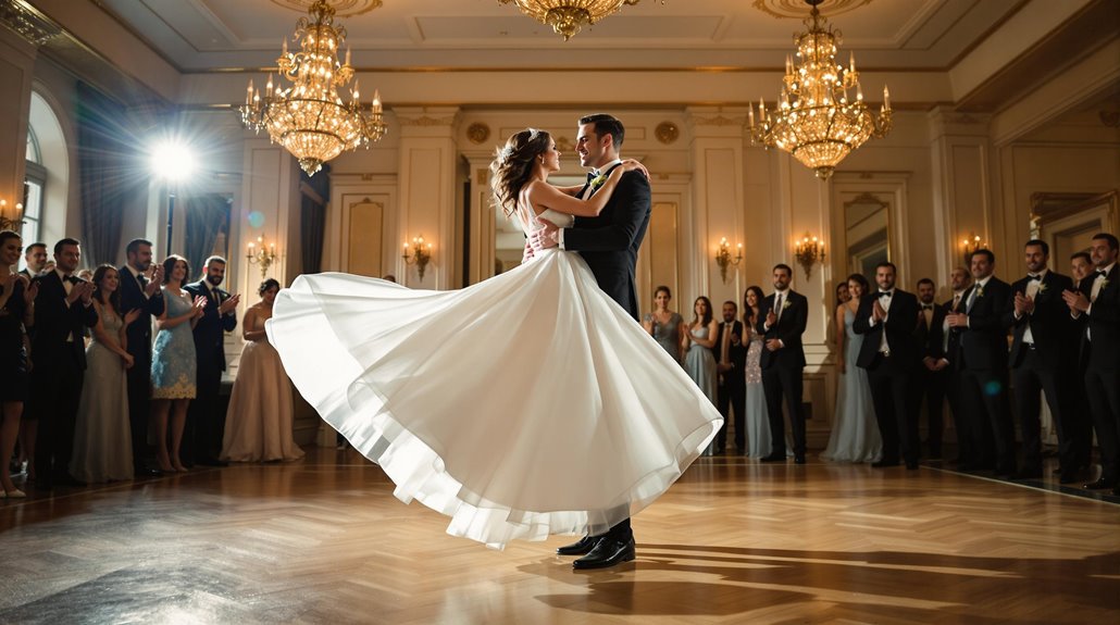 A bride and groom share their first wedding dance in an elegant ballroom with chandeliers. The bride’s dress twirls as guests in formal attire stand and watch, smiling and applauding under warm lighting.