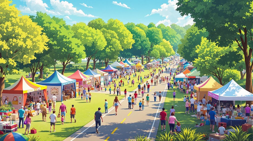 A lively outdoor street fair with colorful vendor tents, many people shopping and enjoying the sunny day—an excellent example of successful community event planning, set along a wide path bordered by lush green trees.