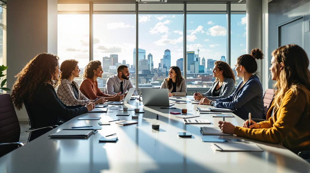 A diverse group of people sits around a conference table in a modern Regina office with large windows showing the city skyline. They are engaged in a meeting, possibly discussing the best corporate event vendors, with laptops and documents in front of them.
