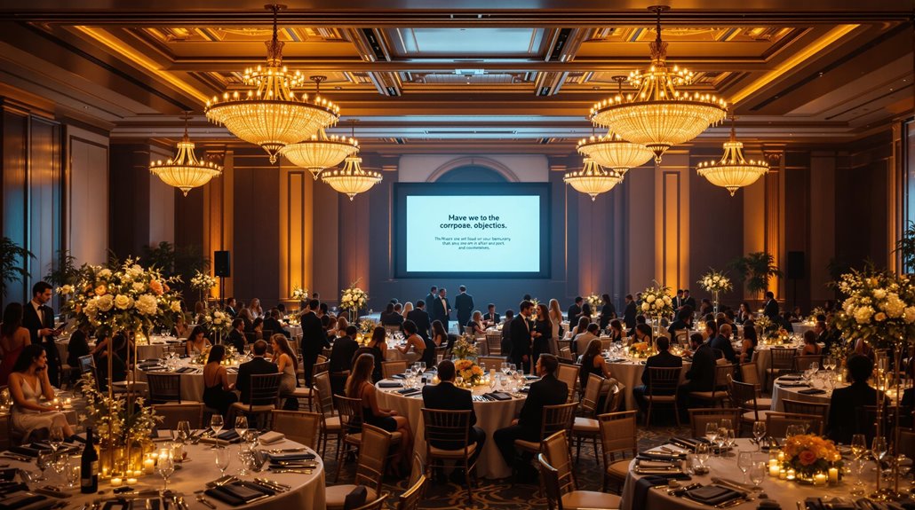 A formal banquet hall filled with elegantly dressed people seated at round tables, decorated with flowers and lit by grand chandeliers, sets the stage to impress stakeholders at a sophisticated corporate gala as a presentation is displayed at the front.