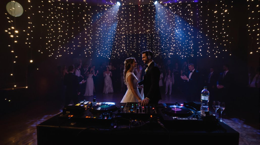 A bride and groom stand together on a dance floor under hanging string lights, with a DJ for Weddings booth in the foreground and wedding guests watching in the background.