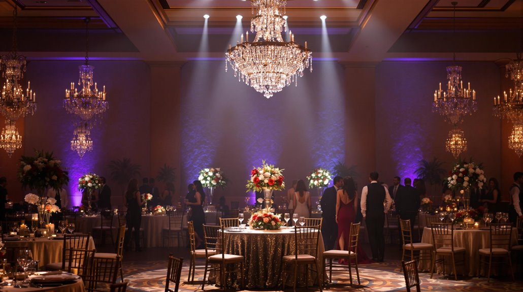 An elegant ballroom decorated with chandeliers, round tables with floral centerpieces, and gold chairs. Guests in formal attire mingle under soft, dramatic event lighting that enhances the sophisticated ambiance.