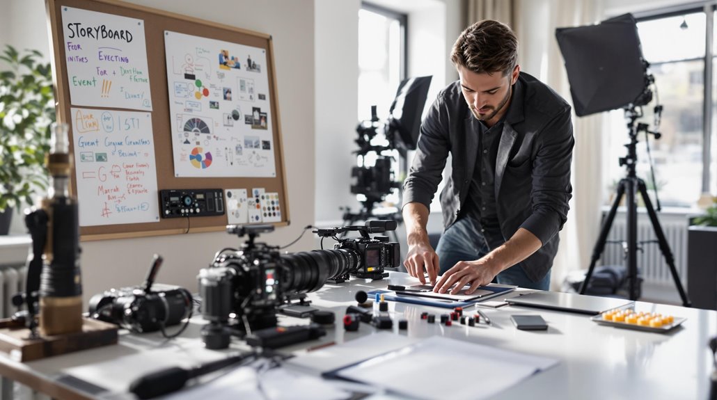 A man prepares for event videography at a desk covered with cameras, lenses, and production equipment in a bright studio. Behind him, a storyboard and charts hang on the wall, with professional lighting equipment nearby.