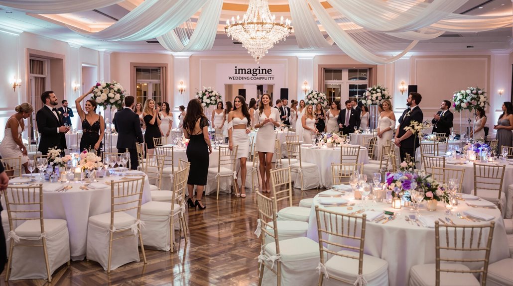 A wedding reception with elegantly decorated round tables, guests in formal attire, white drapes and chandeliers overhead, and tall floral centerpieces; people are standing, smiling, and socializing as Rhinos DJs set the perfect mood.