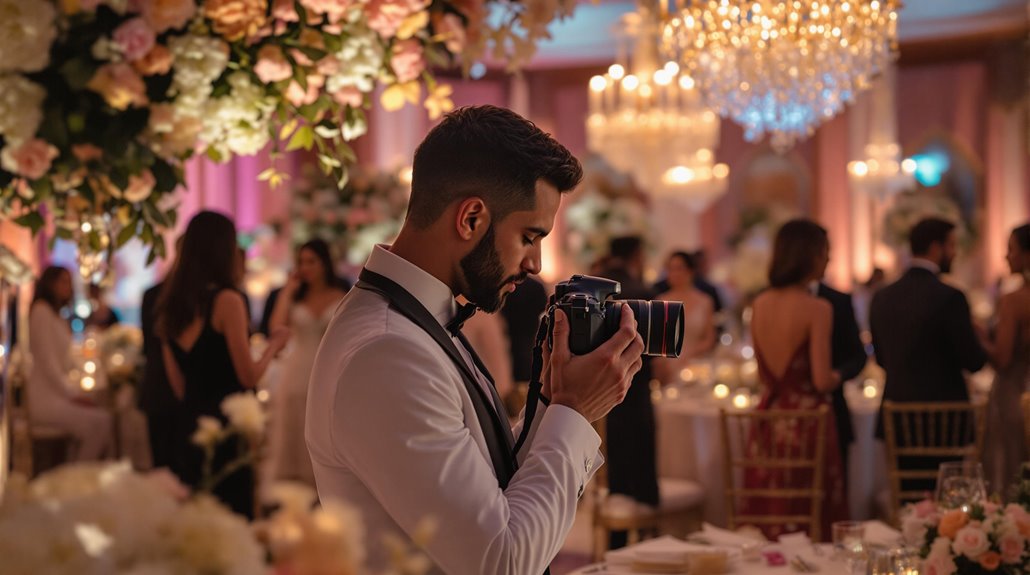 A photographer in formal attire captures stunning moments at an elegant indoor event, surrounded by guests, vibrant floral arrangements, and glowing chandeliers—perfect inspiration for event photography tips.