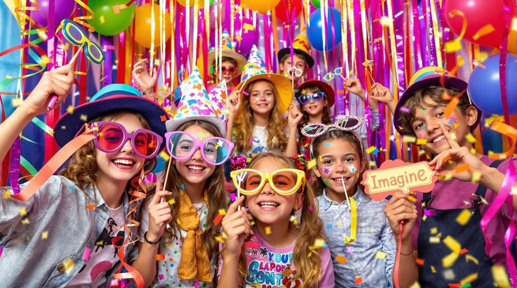 A group of children in colorful costumes, hats, and oversized glasses celebrate at a vibrant elementary school party with an interactive photo booth, balloons, streamers, and confetti. They are smiling, holding props, and having fun together.