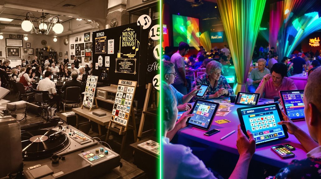 Split image: Left captures a lively, vintage-style bingo hall with traditional music bingo cards and a record player. Right features people enjoying digital music bingo on tablets in a colorful, modern, neon-lit venue.