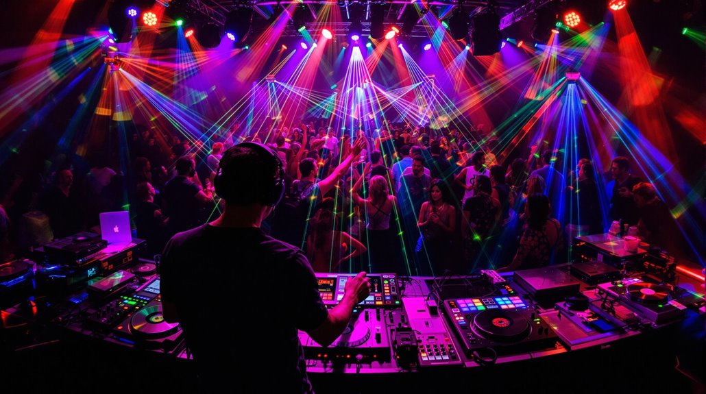 A DJ from Party DJ Services Regina performs on stage in a crowded nightclub, mixing music on turntables as colorful laser lights and spotlights illuminate the dancing crowd and fill the vibrant atmosphere.