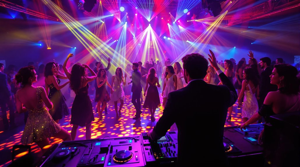 A DJ plays music at a lively party where people are dancing under vibrant lights and laser beams in a crowded nightclub, creating unforgettable memories with professional DJ services.