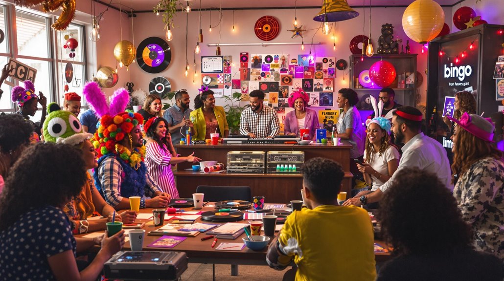 A lively group in colorful costumes and hats gathers around tables at a themed party, with records on the wall, snacks on the table, and a music bingo game projected on a screen.