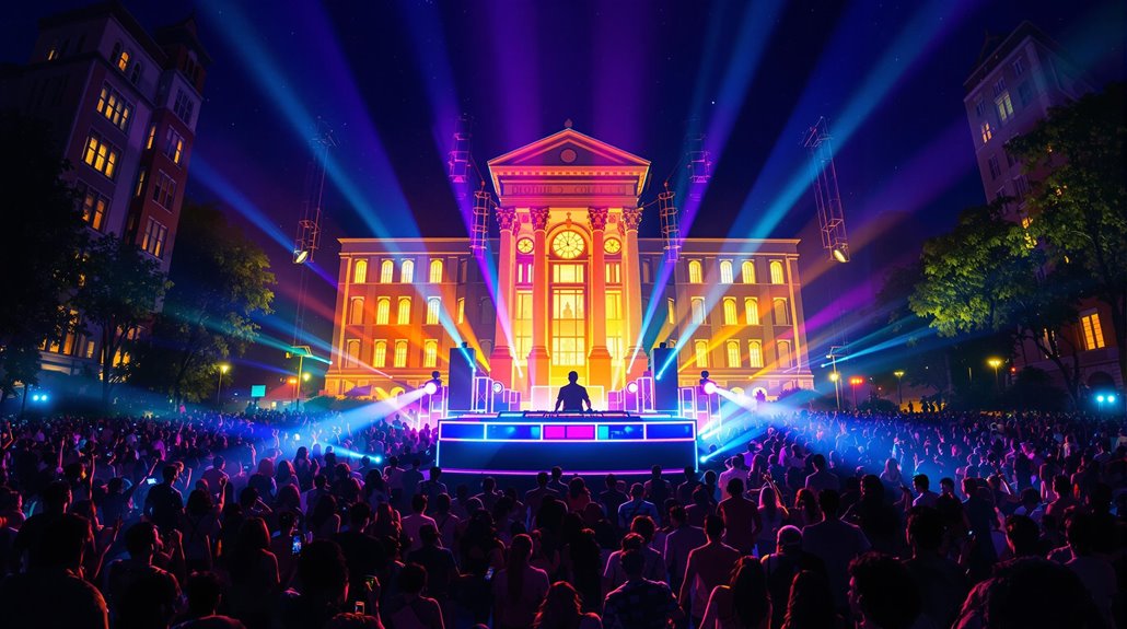 A large crowd watches a DJ perform on a brightly lit stage in front of a grand, illuminated building at night, showcasing top-tier DJ services as colorful lights and spotlights shine across this vibrant campus event entertainment scene.