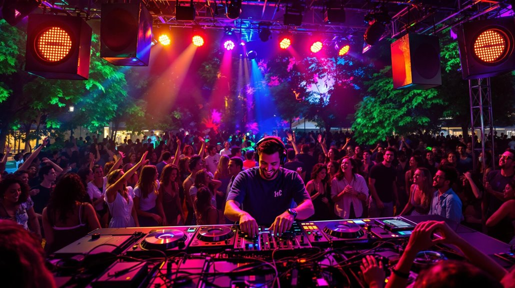 A DJ performs on stage at an outdoor night party, providing top-notch DJ services for a dense, energetic crowd dancing under trees. Colorful lights and festive vibes create the perfect campus event entertainment for colleges and universities.
