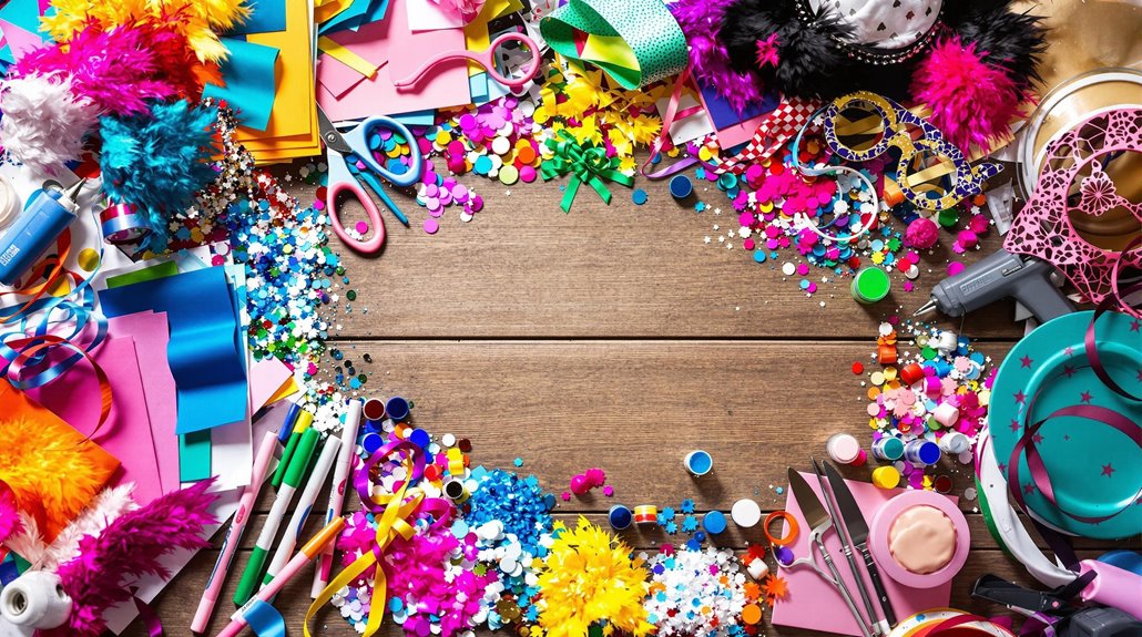 Colorful craft supplies, perfect for photo booth props or to customize your event theme, are arranged in a circle on a wooden table, leaving the center empty.