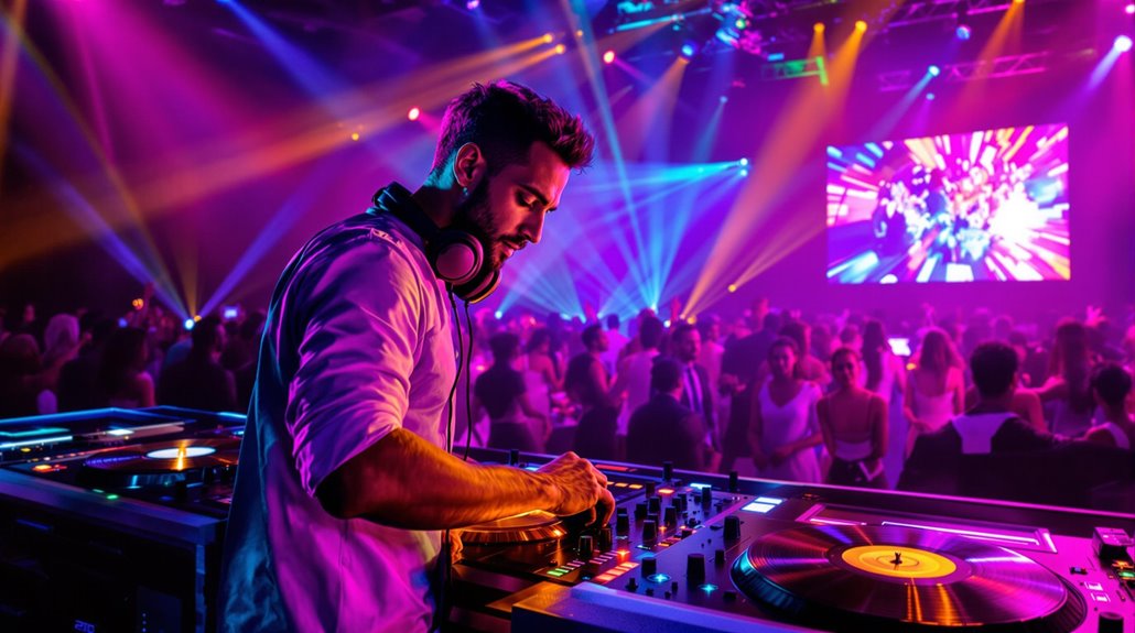 A DJ wearing headphones mixes music at a vibrant nightclub, engaging party guests as colorful lights flash and a lively crowd dances. Bright beams and a large screen display dynamic visuals in the background.