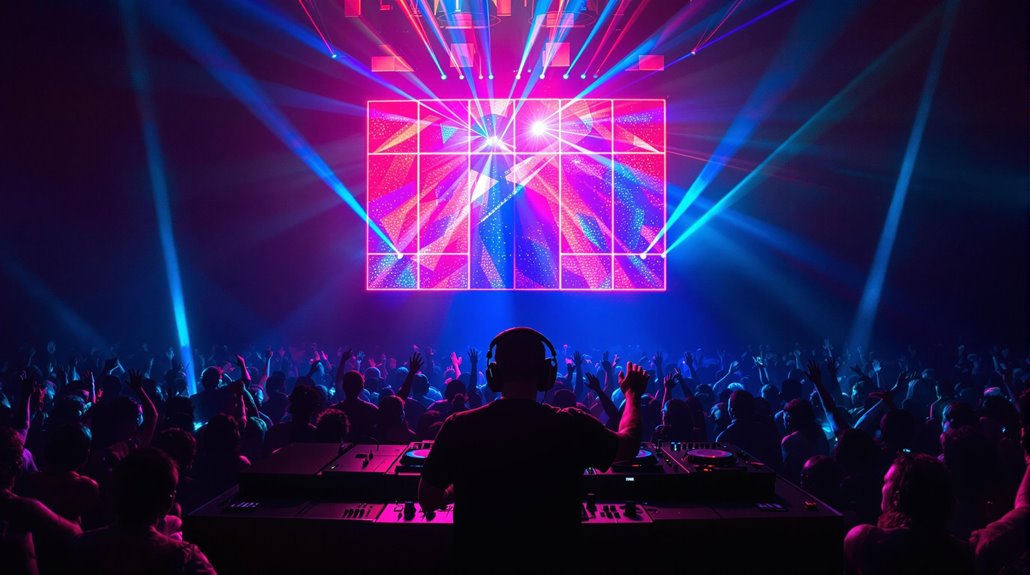 A professional DJ wearing headphones performs on stage in front of a cheering crowd, with colorful lights and lasers illuminating the scene and a vibrant digital display behind him.