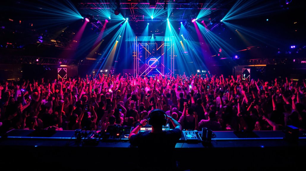 A DJ performs on stage in front of a large crowd at a nightclub, with vibrant pink and blue lights illuminating the audience and venue, capturing the excitement of nightlife and creating an energetic party atmosphere.