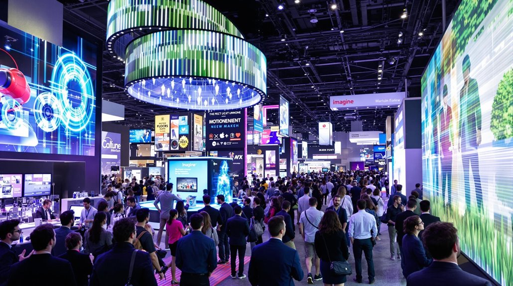 A large crowd walks through a high-tech exhibition hall filled with bright digital screens, interactive experiences, and colorful lights at a corporate trade show.