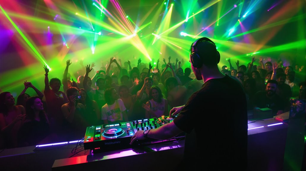 A DJ wearing headphones delivers an electrifying DJ experience for a lively crowd at a nightclub, with colorful laser lights and smoke illuminating the energetic audience dancing and raising their hands in vibrant nightlife settings.