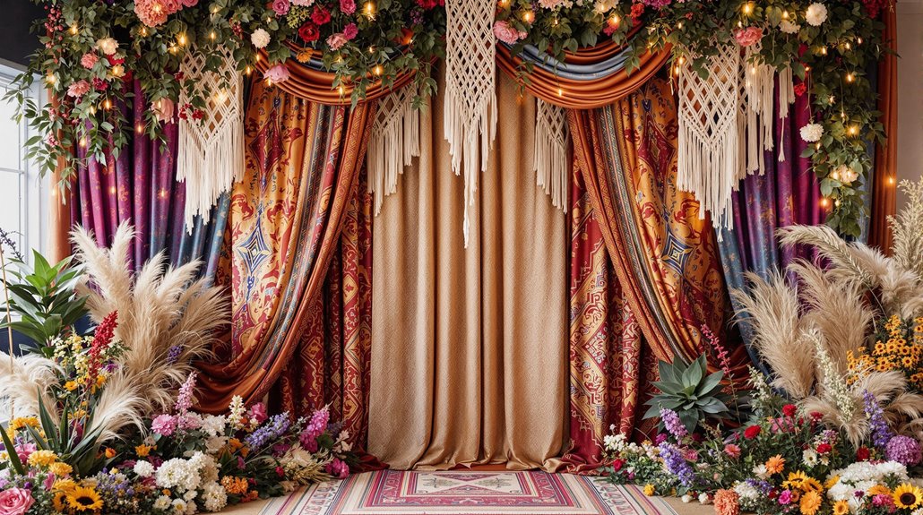 A vibrant, bohemian-inspired photo booth backdrop with colorful patterned drapes, macramé hangings, abundant flowers, pampas grass, and greenery creates a lush setting with warm lighting to wow your guests.