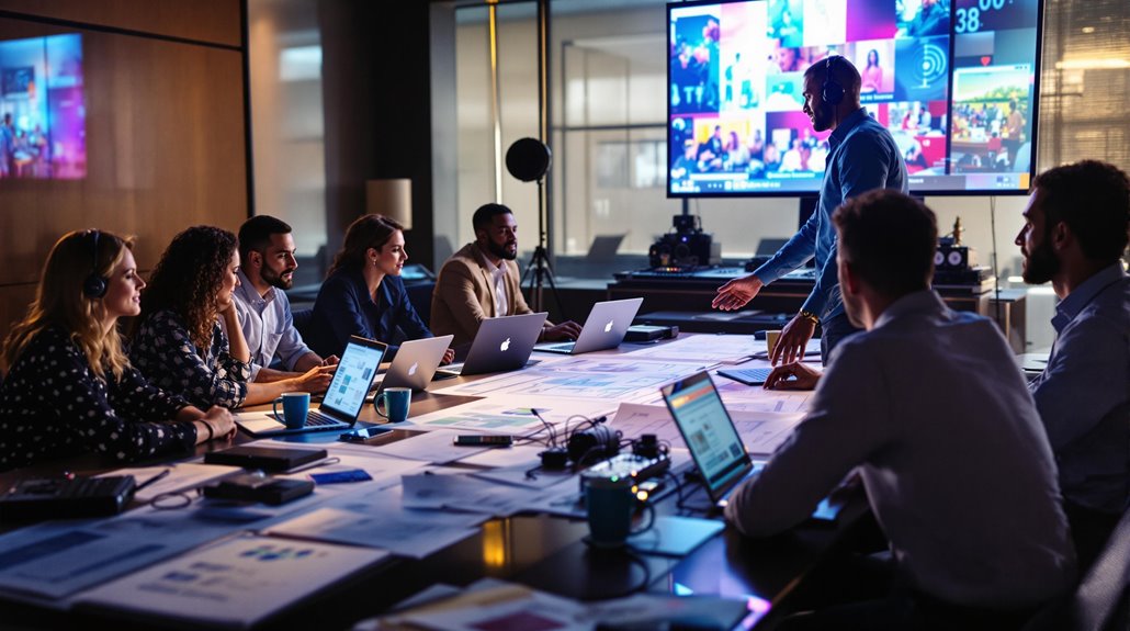 A group of professionals sits around a conference table with laptops and documents, listening to a presenter. AV solutions seamlessly integrate video call participants, displayed on a large screen in the background, enhancing collaboration.