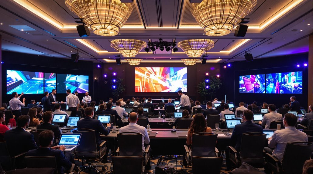 A large conference room filled with people seated at tables using laptops, facing multiple large screens displaying colorful digital graphics under bright, modern lighting—perfectly set up with advanced AV solutions for seamless event planning.