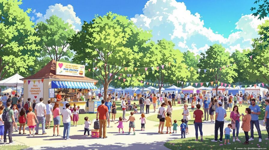 A lively outdoor community fair with families and children walking among booths under colorful bunting, surrounded by green trees on a bright, sunny day—a perfect example of successful community event planning. People are enjoying activities and visiting stalls.