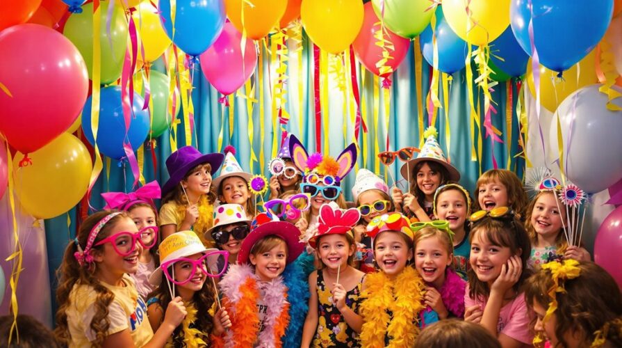 A group of children in colorful costumes and party hats smile and pose together at a festive elementary school celebration, surrounded by bright balloons, streamers, and decorations.