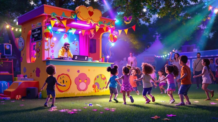 A group of children dance joyfully in front of a colorful outdoor DJ booth decorated with smiley faces and hearts at an elementary school event, while a DJ provides safe, lively DJ services amid bright lights, decorations, and trees.