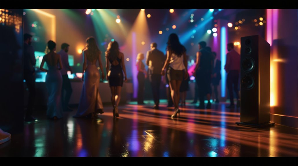 A group of people dressed in stylish evening wear dance and mingle under colorful lights in a lively nightclub, with a large speaker boosting the party experience on the shiny wooden floor.