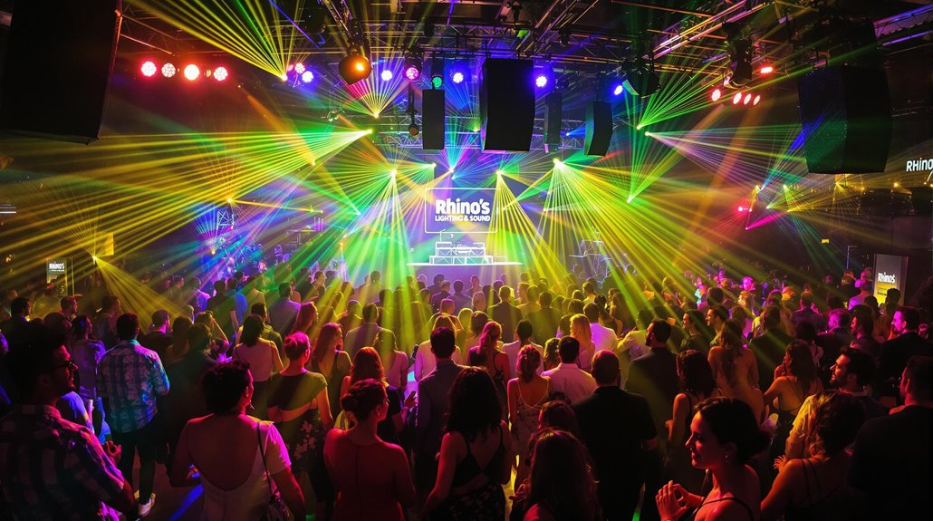 A large crowd dances in a vibrant nightclub with colorful laser lighting and spotlights illuminating the room. A DJ performs on stage under a sign that reads “Rhino’s.” The sound and atmosphere are lively and energetic.