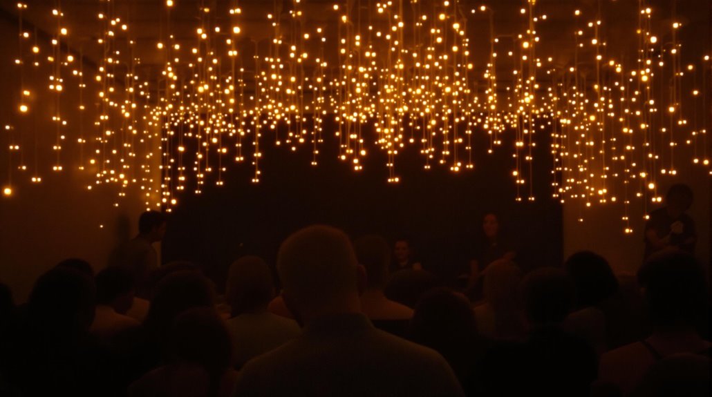 A crowd of people stands in a dimly lit room beneath a ceiling adorned with many small, glowing hanging lights, their soft lighting creating a warm and enchanting atmosphere perfect for celebrations of life.