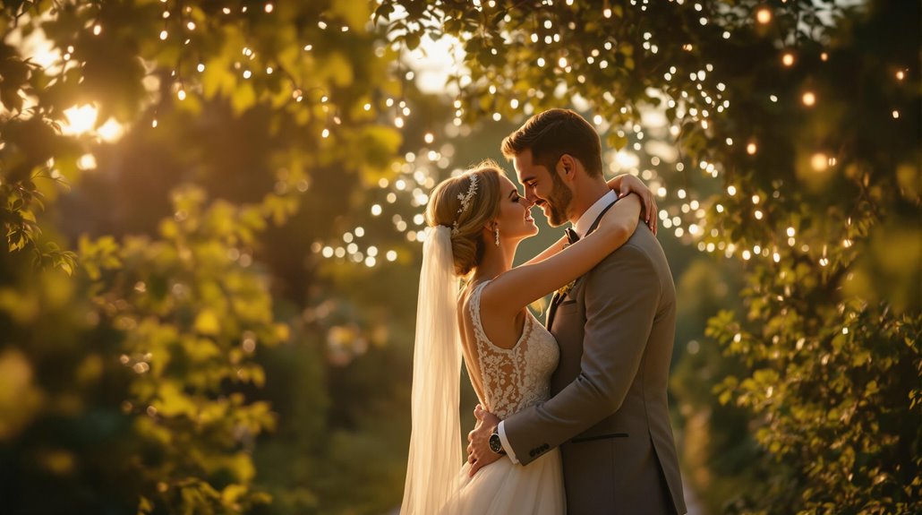 A bride and groom embrace outdoors at sunset, surrounded by greenery and twinkling string lights, capturing event memories as they gaze lovingly into each others eyes on their wedding day.