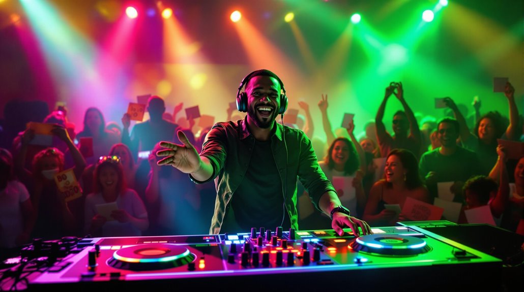 A smiling DJ wearing headphones hosts a colorful, vibrant club night with bright lights and an enthusiastic crowd dancing and cheering, creating a music bingo atmosphere full of energy.