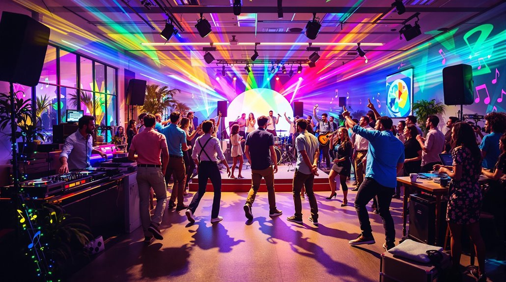 A lively party scene with people dancing and enjoying music under colorful, vibrant lights in a spacious indoor venue. A live band performs on stage, enhancing the entertainment as vivid beams and musical notes decorate the room.