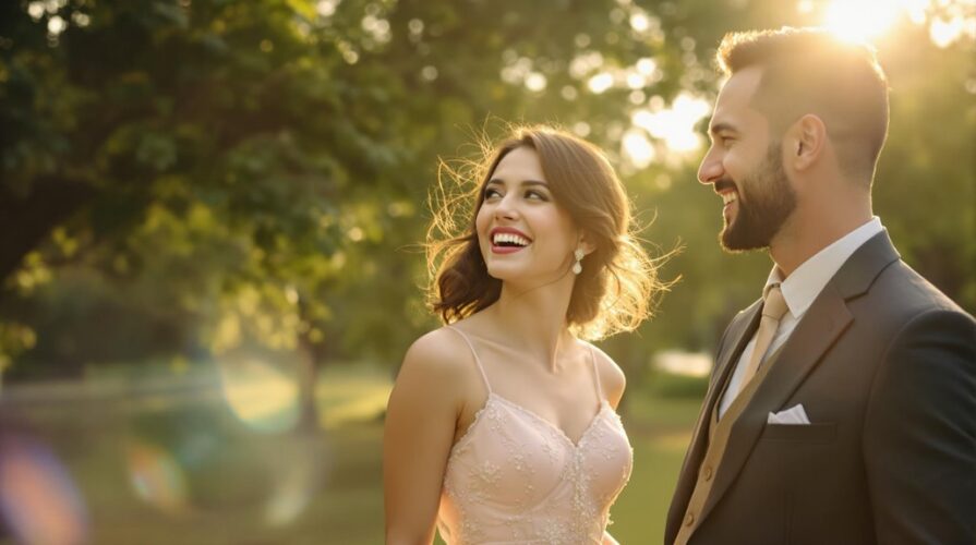 A woman in a light pink dress and a man in a suit smile at each other outdoors, bathed in warm sunlight with green trees—a perfect example of successful engagement photos.