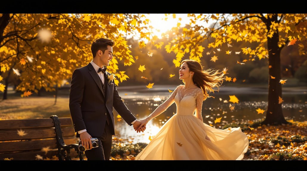 A couple in formal attire holds hands and smiles at each other amid autumn trees with golden leaves during their engagement photo shoot. Sunlight filters through the leaves, creating a warm, romantic scene by a lake.
