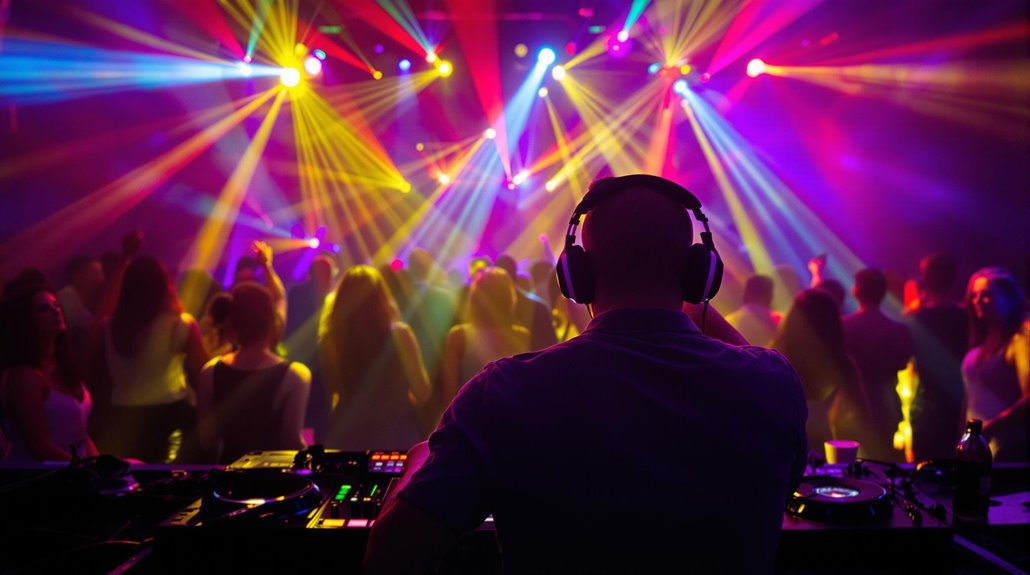 A top DJ Regina wearing headphones performs on stage, facing a dancing crowd in a nightclub filled with colorful, vibrant lights and beams that create an energetic party atmosphere.