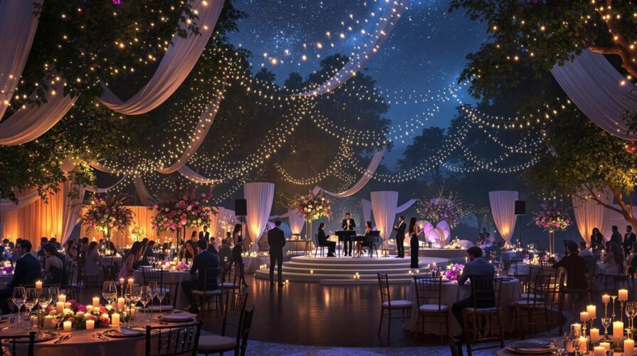 An elegant outdoor evening event with string lights, draped fabric, and floral arrangements creates a memorable atmosphere. Guests sit at candlelit tables while musicians perform on a round stage under a starry sky and tall trees.