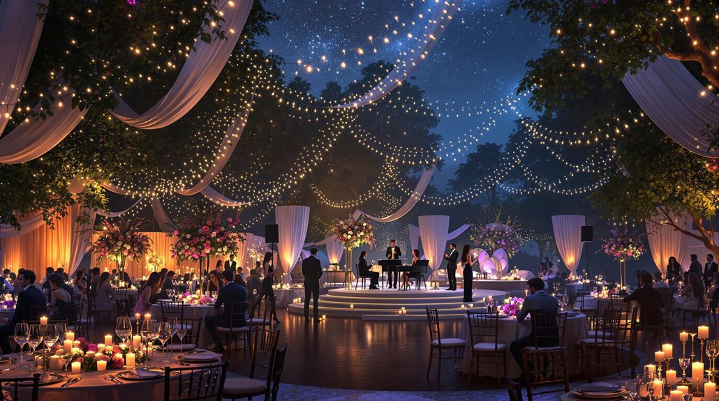 An elegant outdoor evening event with string lights, draped fabric, and floral arrangements creates a memorable atmosphere. Guests sit at candlelit tables while musicians perform on a round stage under a starry sky and tall trees.