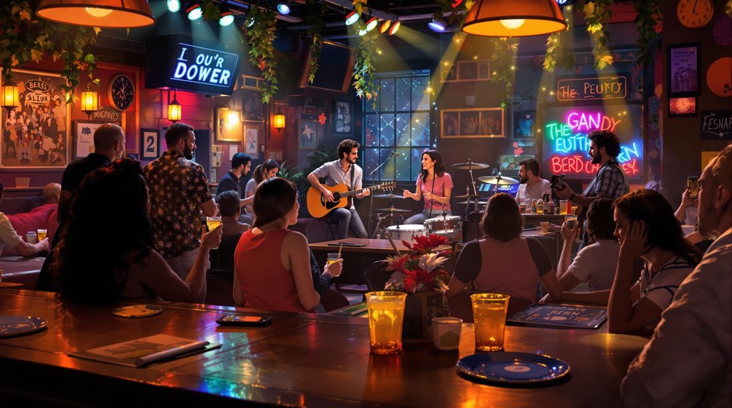 A lively bar scene with bar patrons seated at tables watching a band perform great music live. The band includes a guitarist, drummer, and singer. Colorful lights and neon signs decorate the cozy, vibrant venue as drinks and flowers adorn each table.