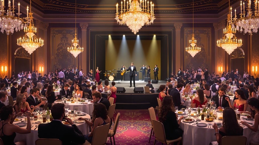 A formal banquet hall hosts a gala, with elegantly dressed guests at round tables dining and enjoying a live band under grand chandeliers and warm lighting—creating an atmosphere designed to engage attendees.
